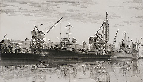 Destroyers in Wet Basin - JOHN TAYLOR ARMS - etching